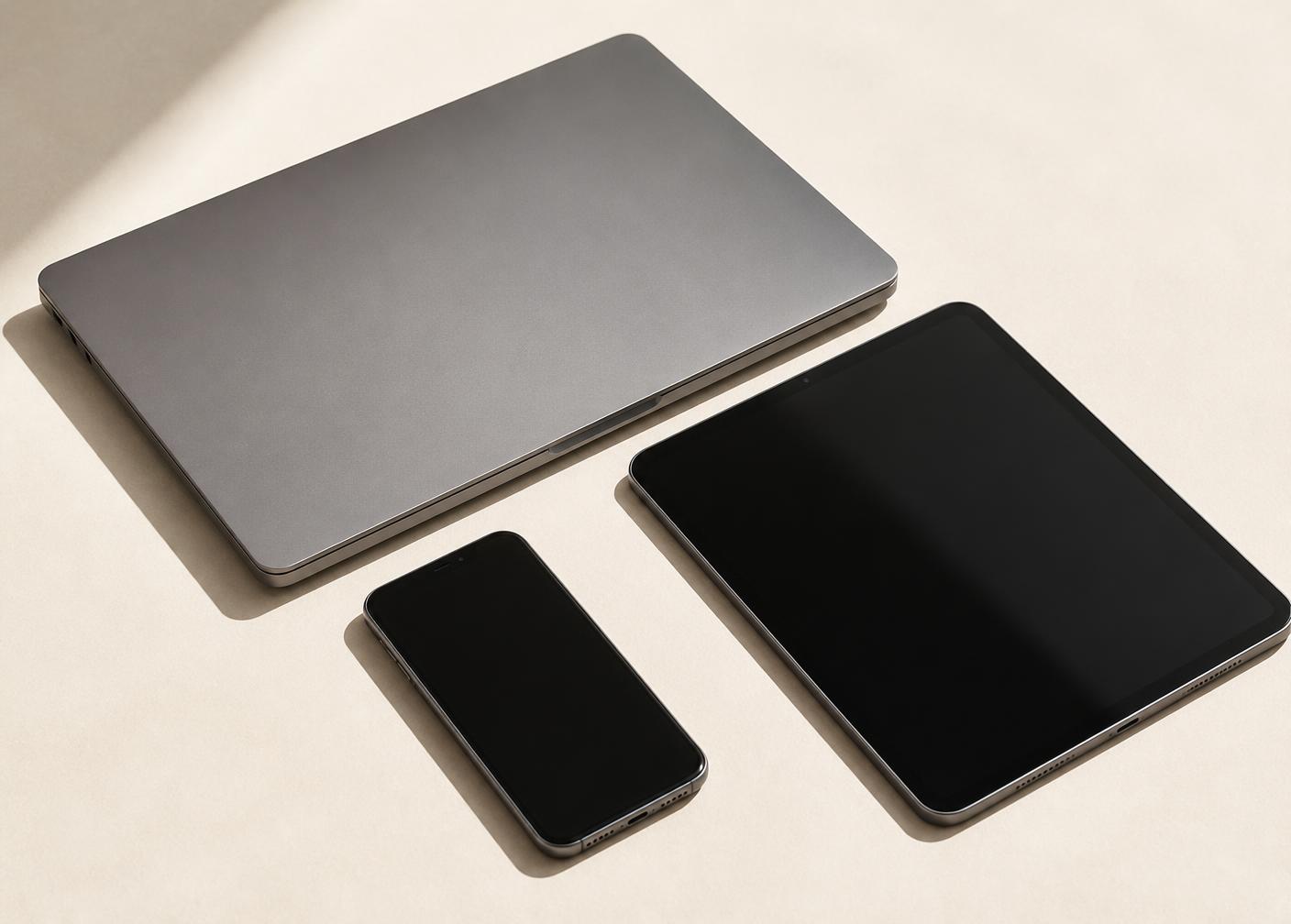 Generalüberholter Laptop, Tablet und Smartphone nebeneinander